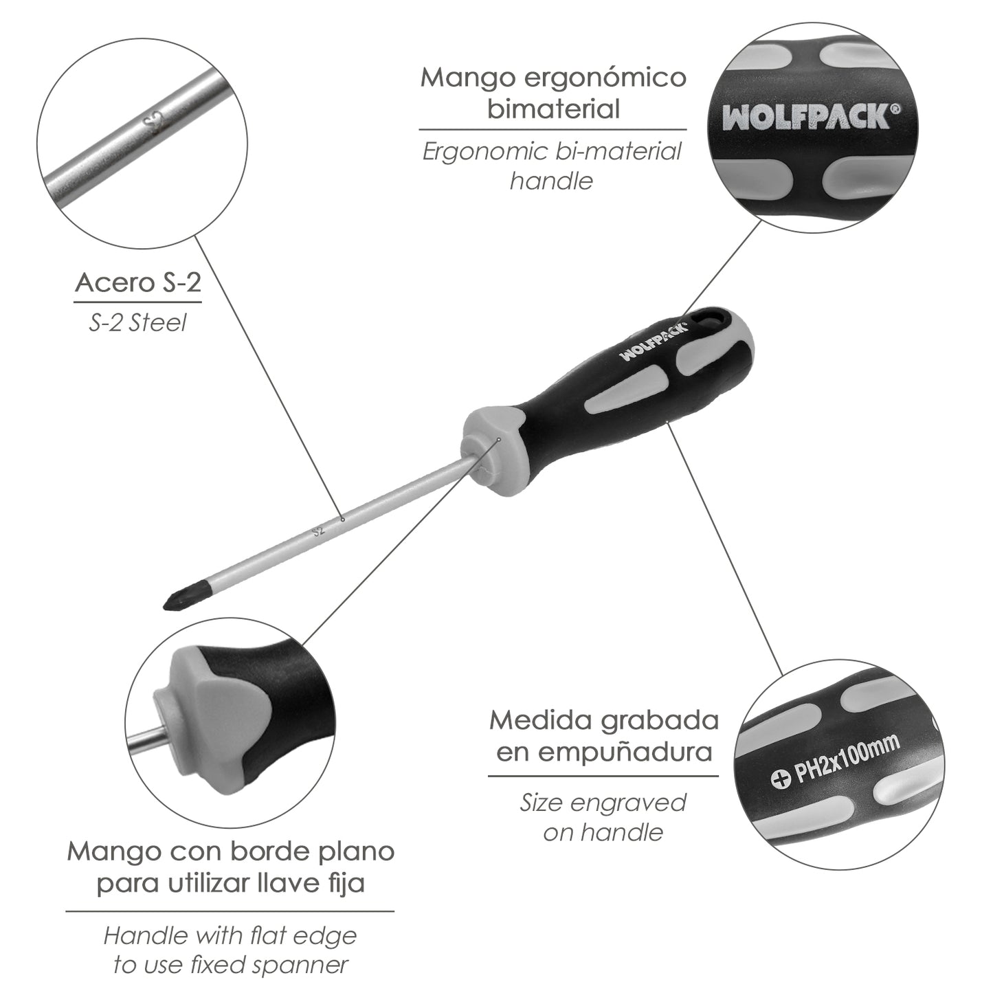 Chave de fenda Phillips de aço S2 Cabo TPR bimaterial. Medição de PH 2 x Ø 6,0 x 100 mm. DIN5262.