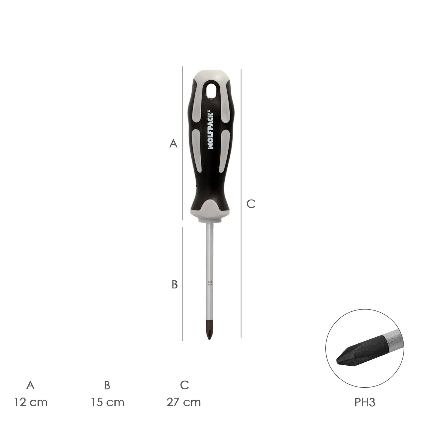 Chave de fenda Phillips de aço S2 Cabo TPR bimaterial. Medição de PH 3 x Ø 8,0 x 150 mm. DIN5262.