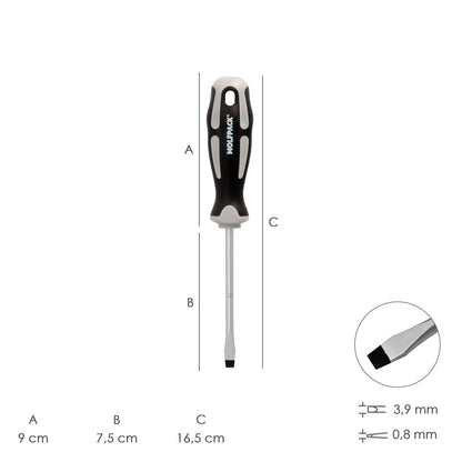 Chave de fenda plana estampada em aço S2 Cabo TPR bimaterial. Medida 0,8 x Ø 4,0 x 75 mm. DIN5265