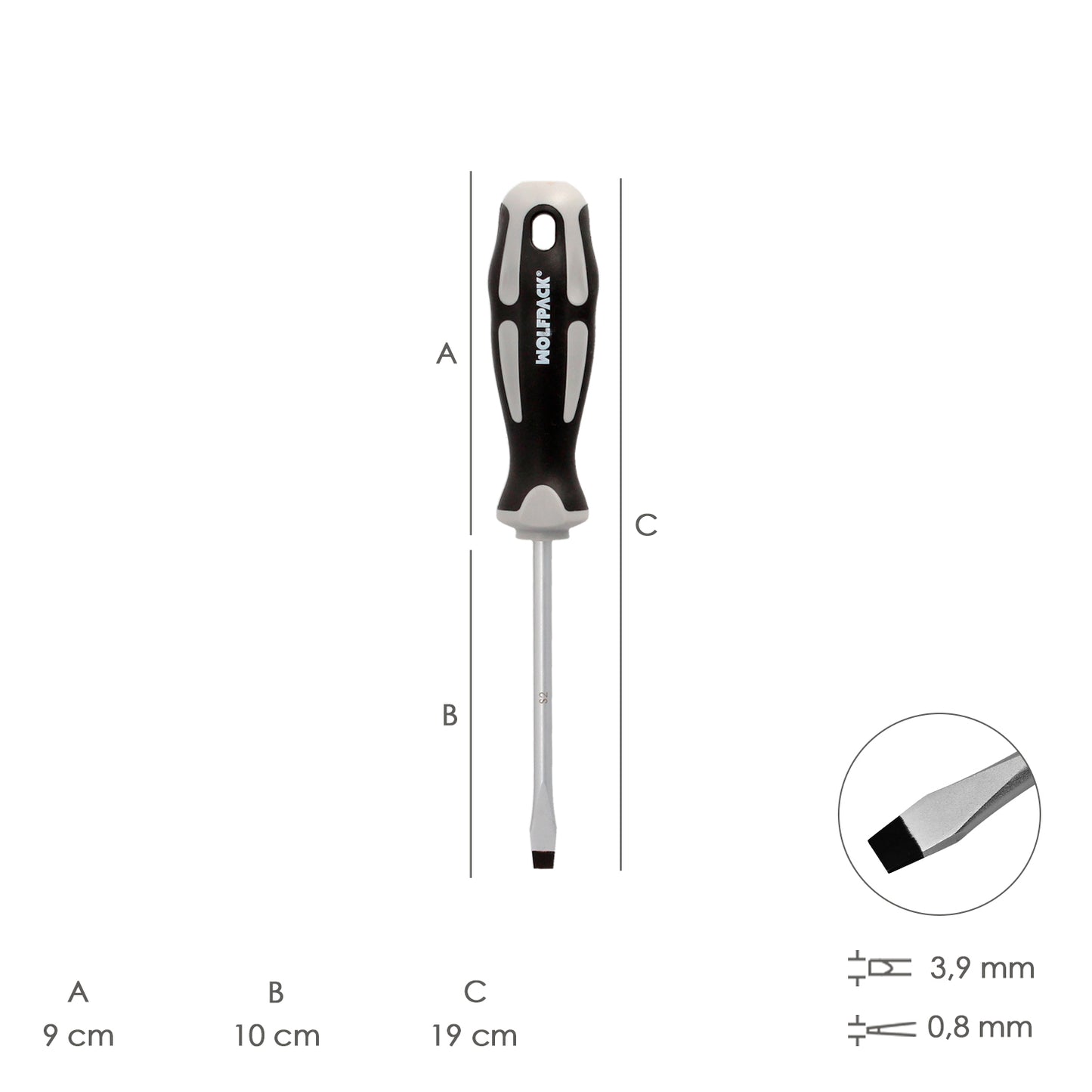 Chave de fenda plana estampada em aço S2 Cabo TPR bimaterial. Medida 0,8 x Ø 4,0 x 100 mm. DIN5265