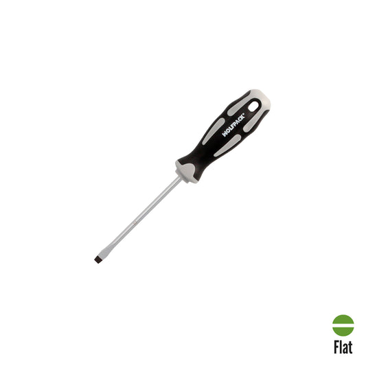 Chave de fenda plana estampada em aço S2 Cabo TPR bimaterial. Medida 1,0 x Ø 5,5 x 100 mm. DIN5265