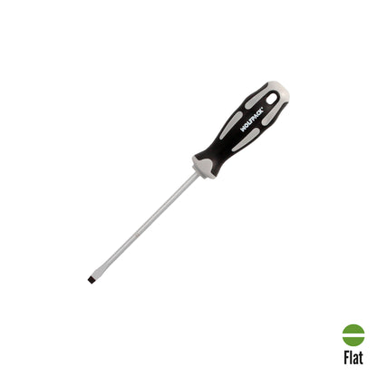 Chave de fenda plana estampada em aço S2 Cabo TPR bimaterial. Medida 1,0 x Ø 5,5 x 125 mm. DIN5265