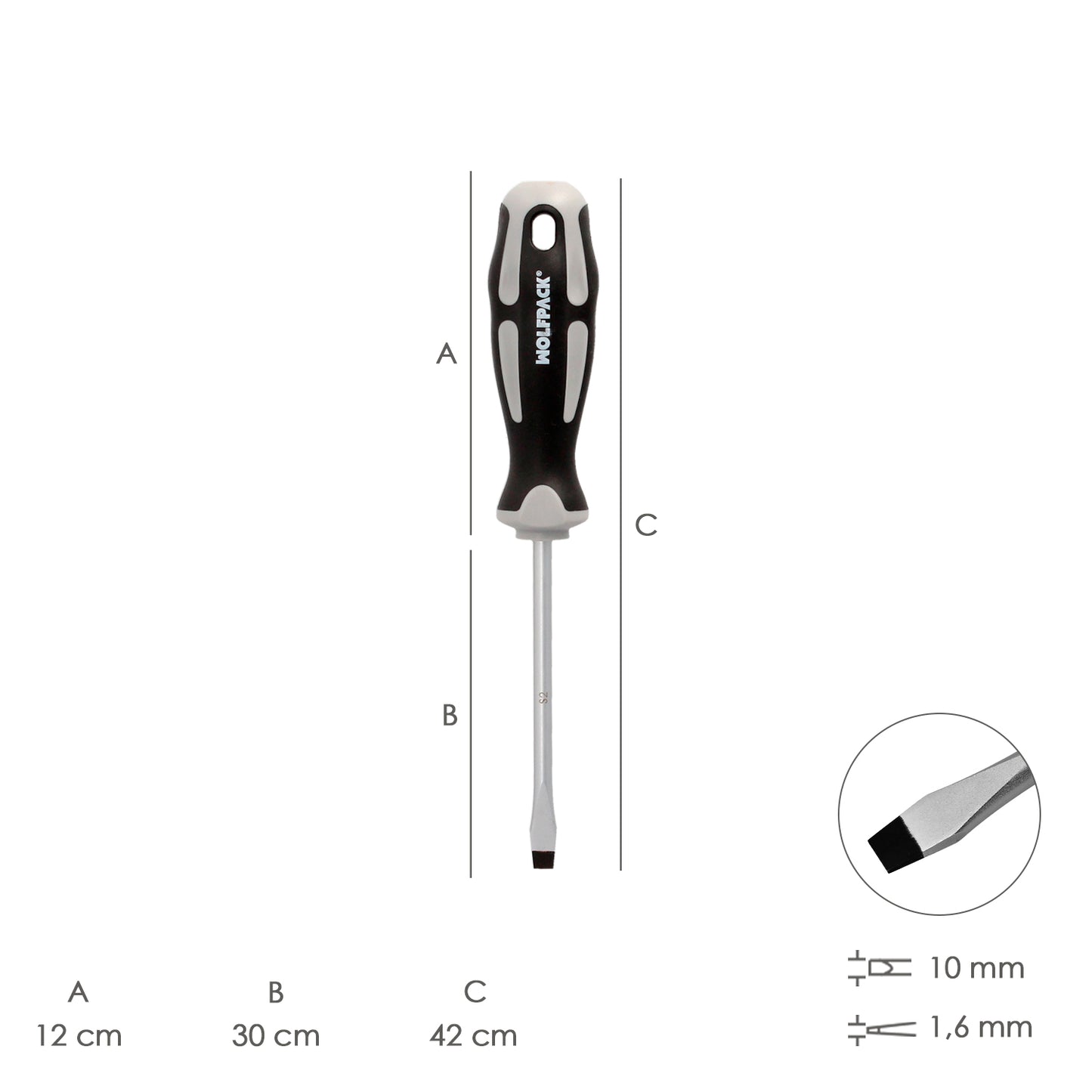 Chave de fenda plana estampada em aço S2 Cabo TPR bimaterial. Medida 1,6 x Ø 9,0 x 300 mm. DIN5265