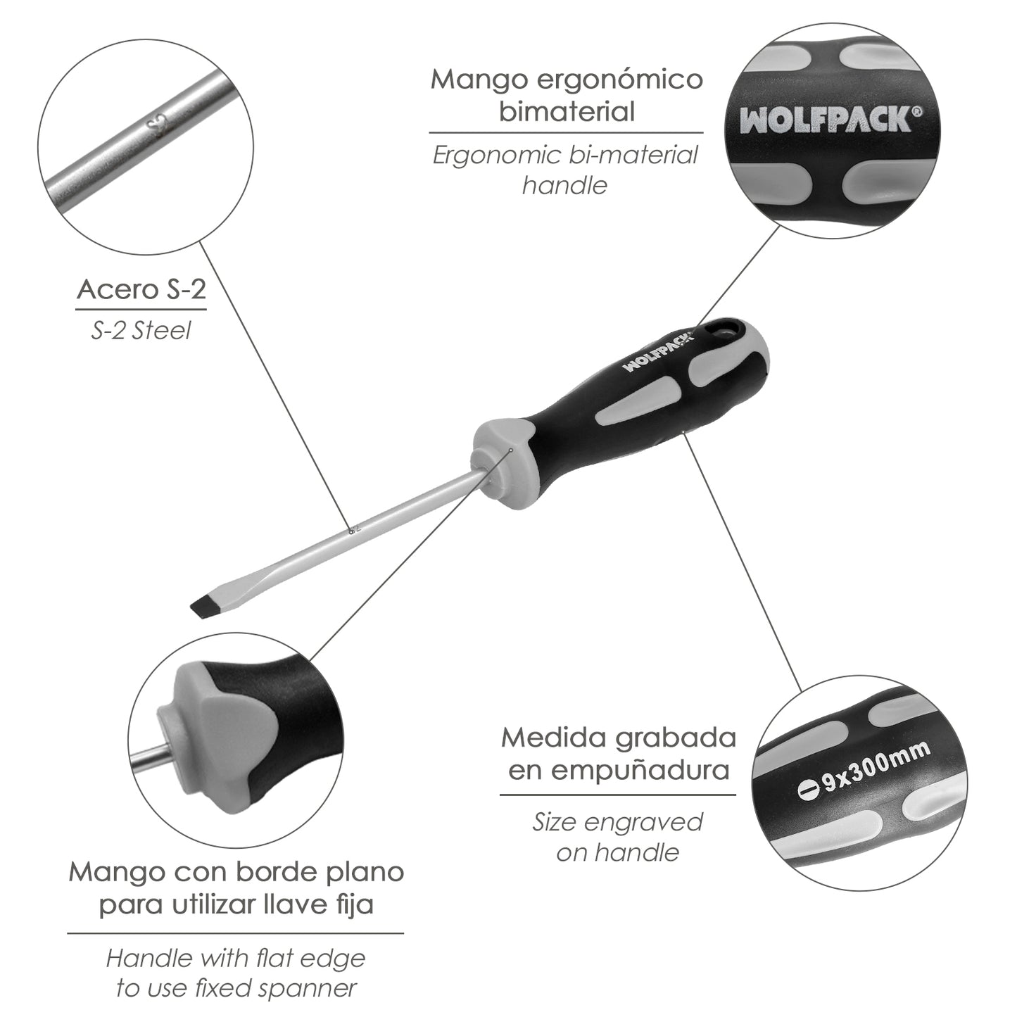 Chave de fenda plana estampada em aço S2 Cabo TPR bimaterial. Medida 1,6 x Ø 9,0 x 300 mm. DIN5265