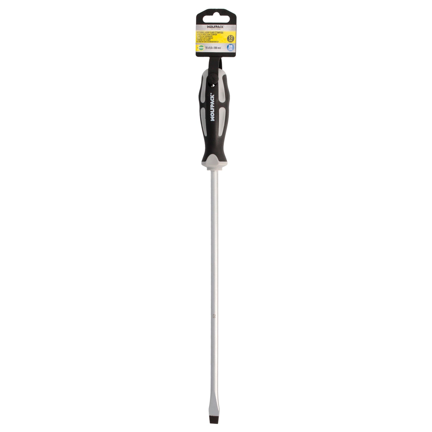 Chave de fenda plana estampada em aço S2 Cabo TPR bimaterial. Medida 1,6 x Ø 9,0 x 300 mm. DIN5265