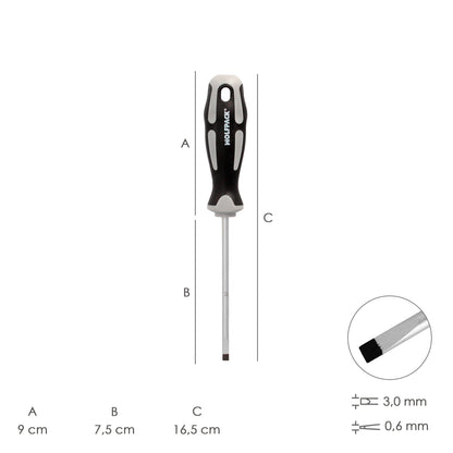 Chave de fenda plana vazia de aço S2 Cabo TPR bimaterial. Medida 0,5 x Ø 3,0 x 75 mm. DIN5265