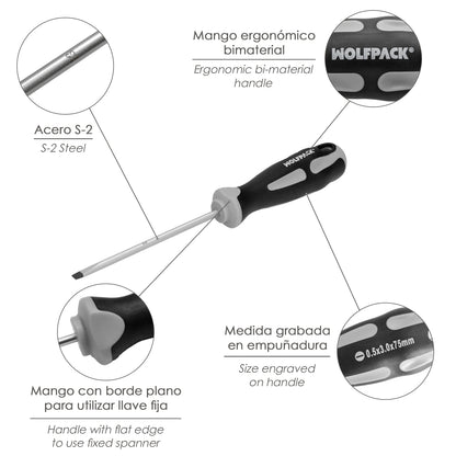 Chave de fenda plana vazia de aço S2 Cabo TPR bimaterial. Medida 0,5 x Ø 3,0 x 75 mm. DIN5265