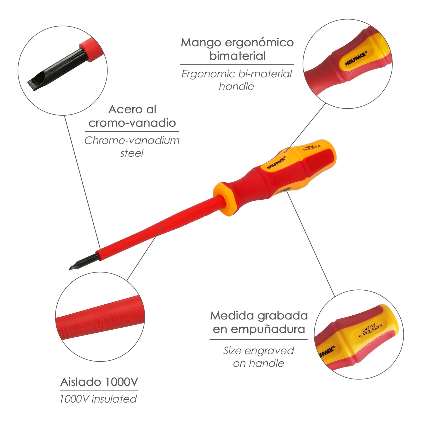 Chave de fenda plana isolada com certificação VDE 1.000 V. Medida 0,4 x Ø 2,5 x 75 mm. Chave de fenda de segurança para eletricista