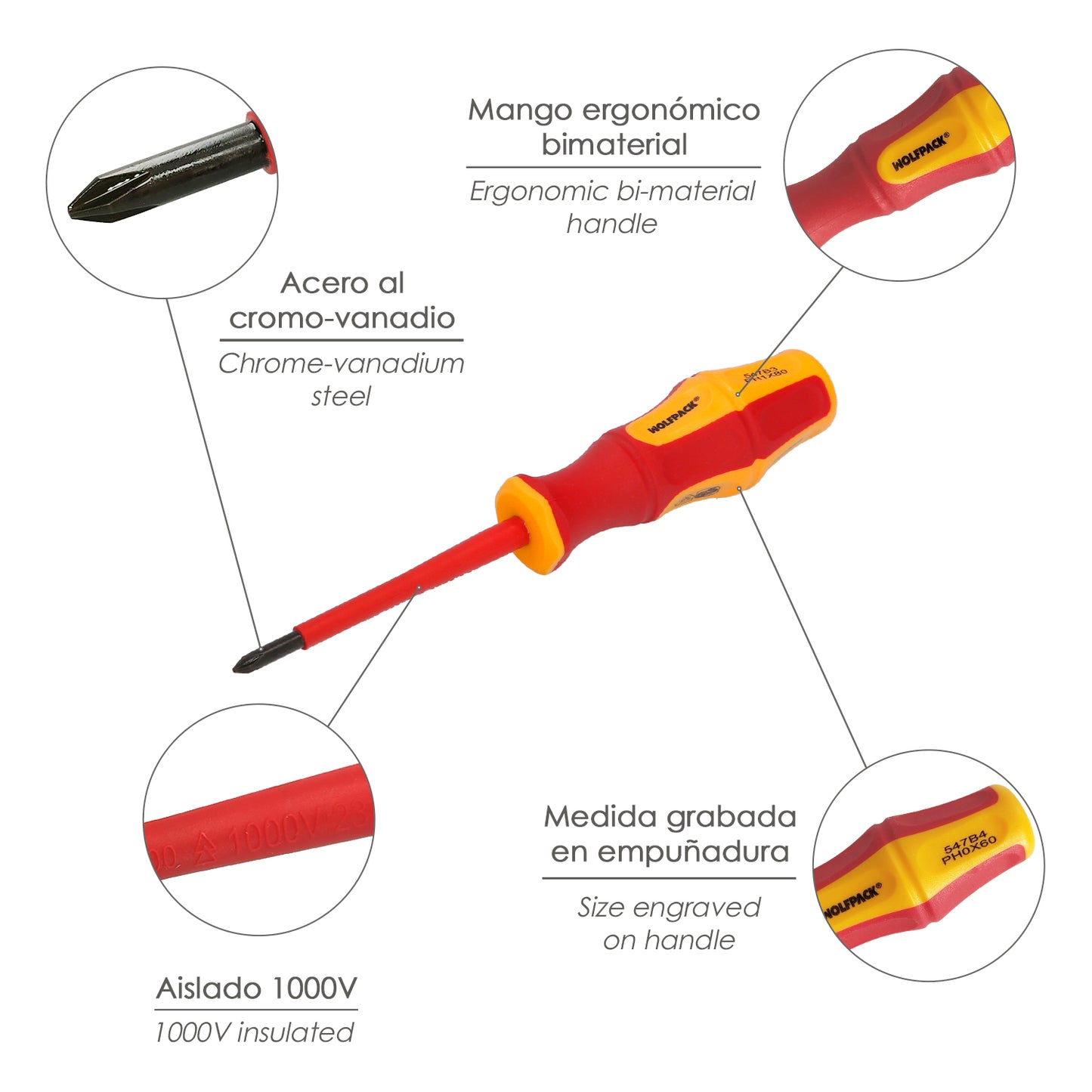 Chave de fenda Phillips isolada com certificação VDE 1.000 V. Medição de PH 0 - 3,0 x 60 mm. Chave de fenda de segurança para eletricista
