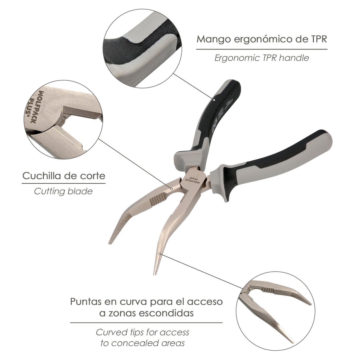 Alicates Boca Curva 200 mm. Acero Cromo Vanadio DIN-ISO 5745 Alicates Punta Curva, Alicates Boca Larga,