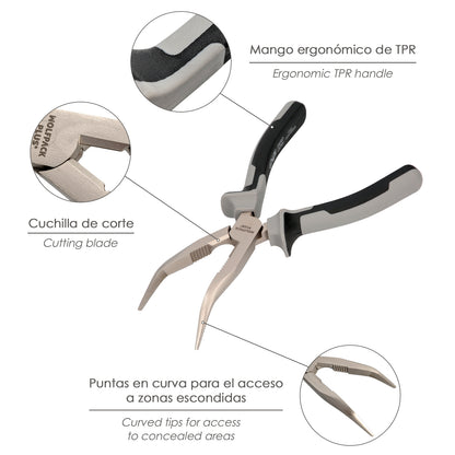 Alicates Boca Curva 200 mm. Acero Cromo Vanadio DIN-ISO 5745 Alicates Punta Curva, Alicates Boca Larga,