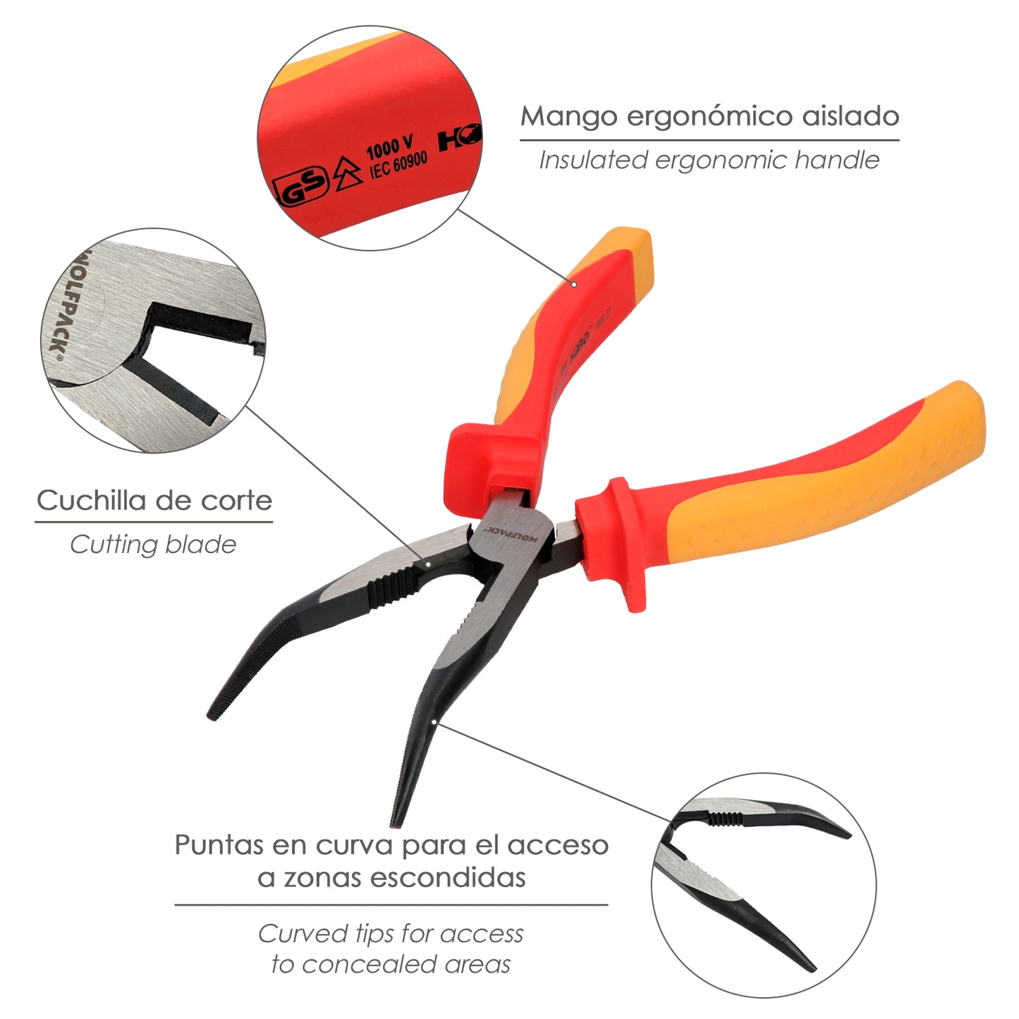 Alicates Boca Curva 200 mm. Mangos Aislados Acero Cromo Vanadio Pelacables, Corta Cables, Pelador Cables