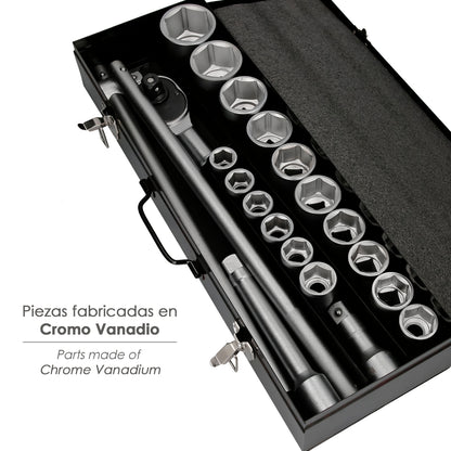 Conjunto de soquetes de aço cromo vanádio com 21 peças 3/4" Plus com maleta.