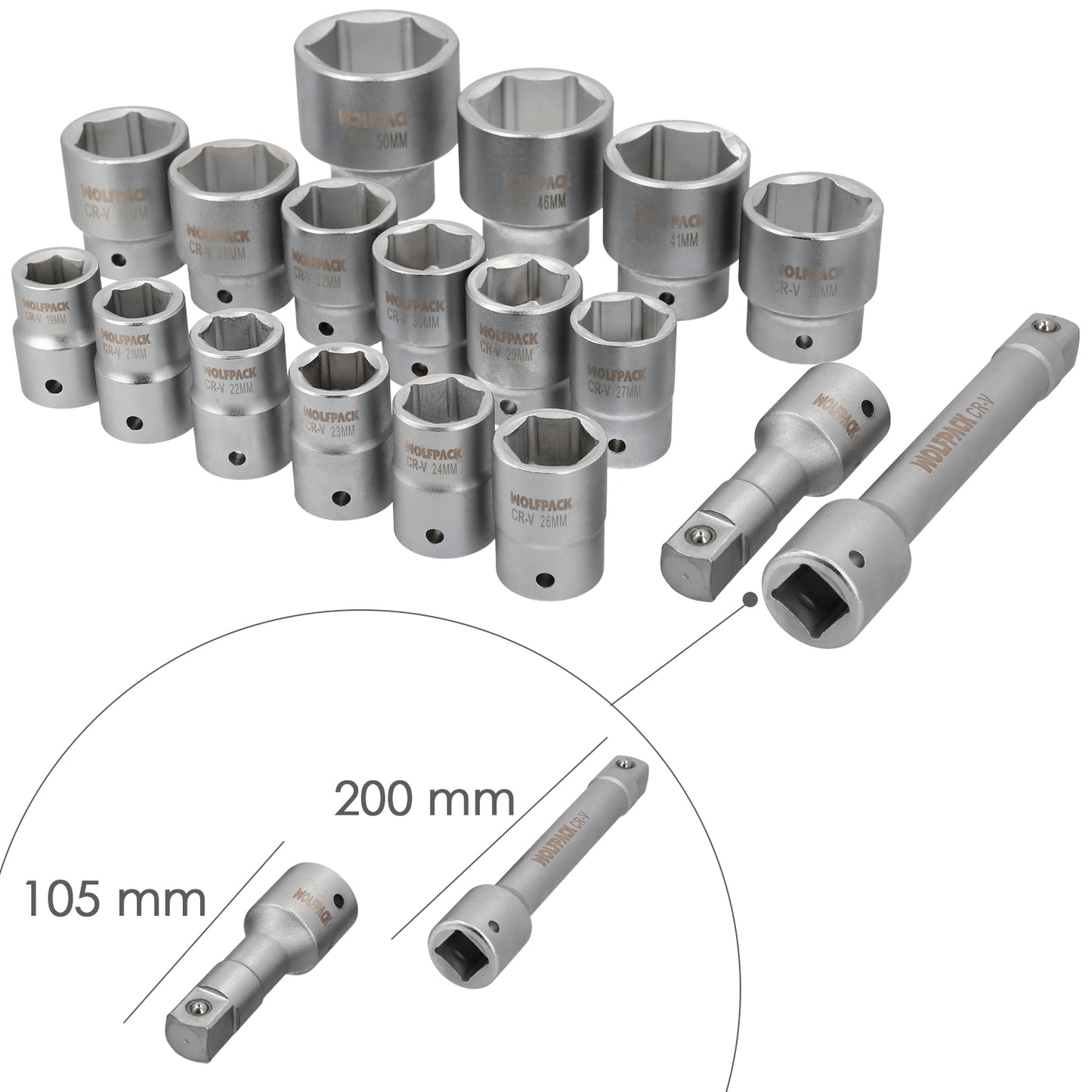 Conjunto de soquetes de aço cromo vanádio com 21 peças 3/4" Plus com maleta.