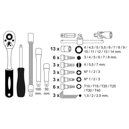 Conjunto de chave de soquete e broca 1/4" 46 peças. Com adaptador. Cromo vanádio, kit de chave de combinação, kit de catraca, conjunto de chave de soquete