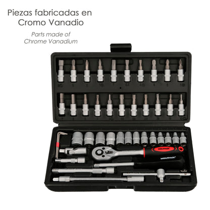 Chave de soquete e conjunto de bits 1/4" 46 unidades. Com adaptador. Cromo vanádio, kit de chave de combinação, kit de catraca,