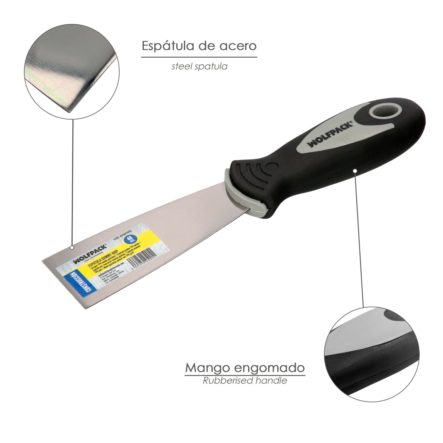 Espátula Cabo Gummy Grip Lâmina 40 mm. Espátula de gesso, espátula de pintor, espátula de massa de vidraceiro, espátula de gesso cartonado, etc.