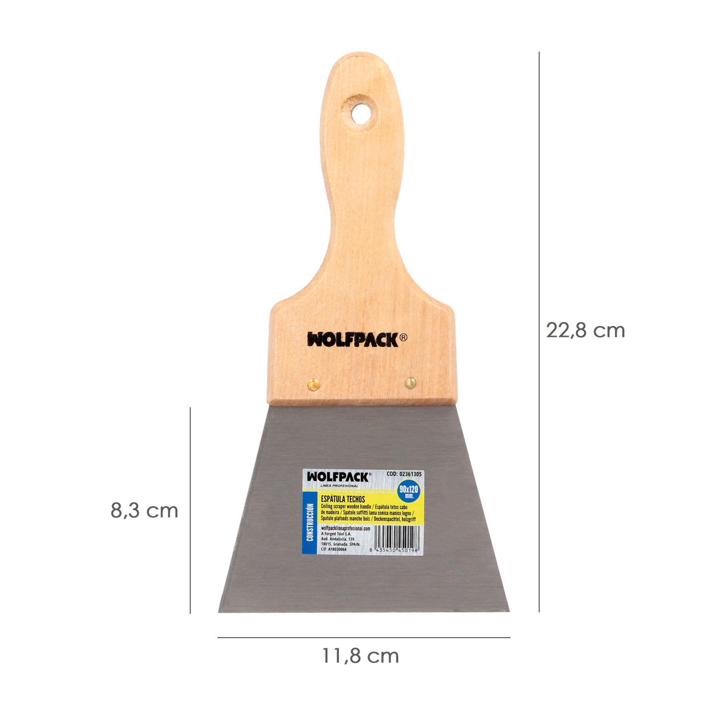 Espátula para Cobertura Cabo de Madeira Lâmina de Aço 90 x 120 mm. Espátula de gesso, espátula de pintor, espátula de massa de vidraceiro, espátula de gesso cartonado, etc.