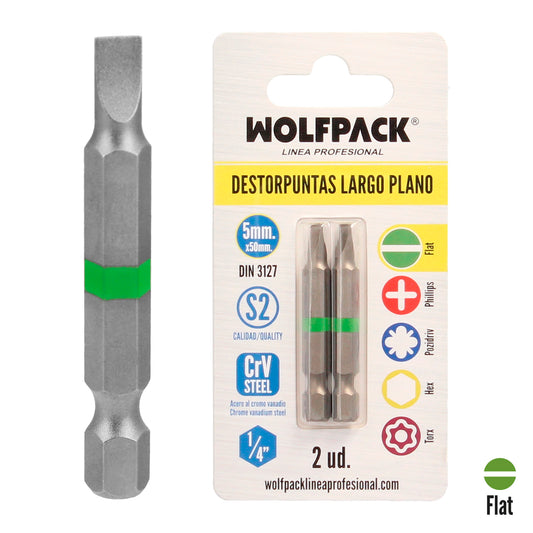 Puntas Destornillador Largo Plano 5 mm. (2 Piezas). Acero S2 al Cromo Vanadio. Puntas Hexagonales, Destorpuntas,