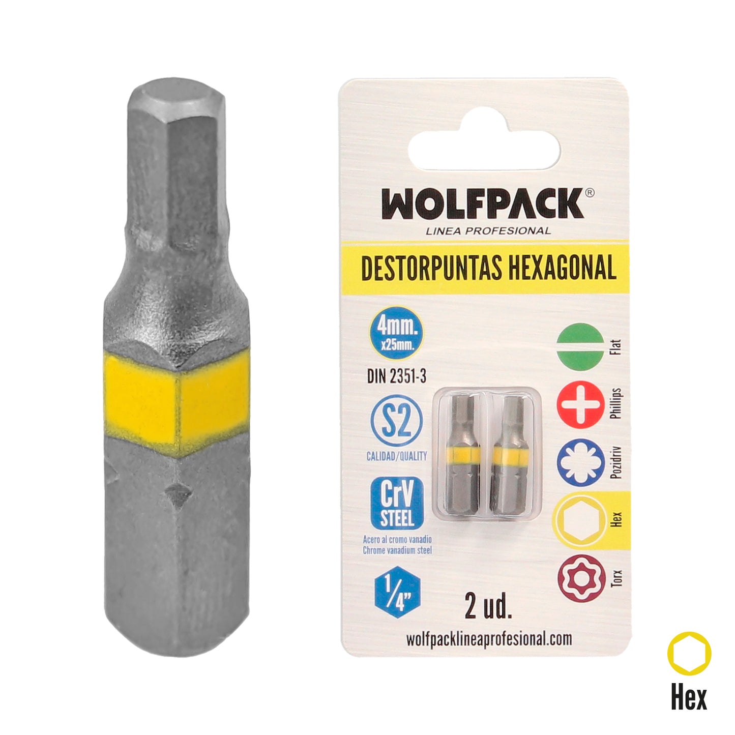 Puntas Destornillador Hexagonal 4,0 mm. (2 Piezas). Acero S2 al Cromo Vanadio. Puntas Hexagonales, Destorpuntas,