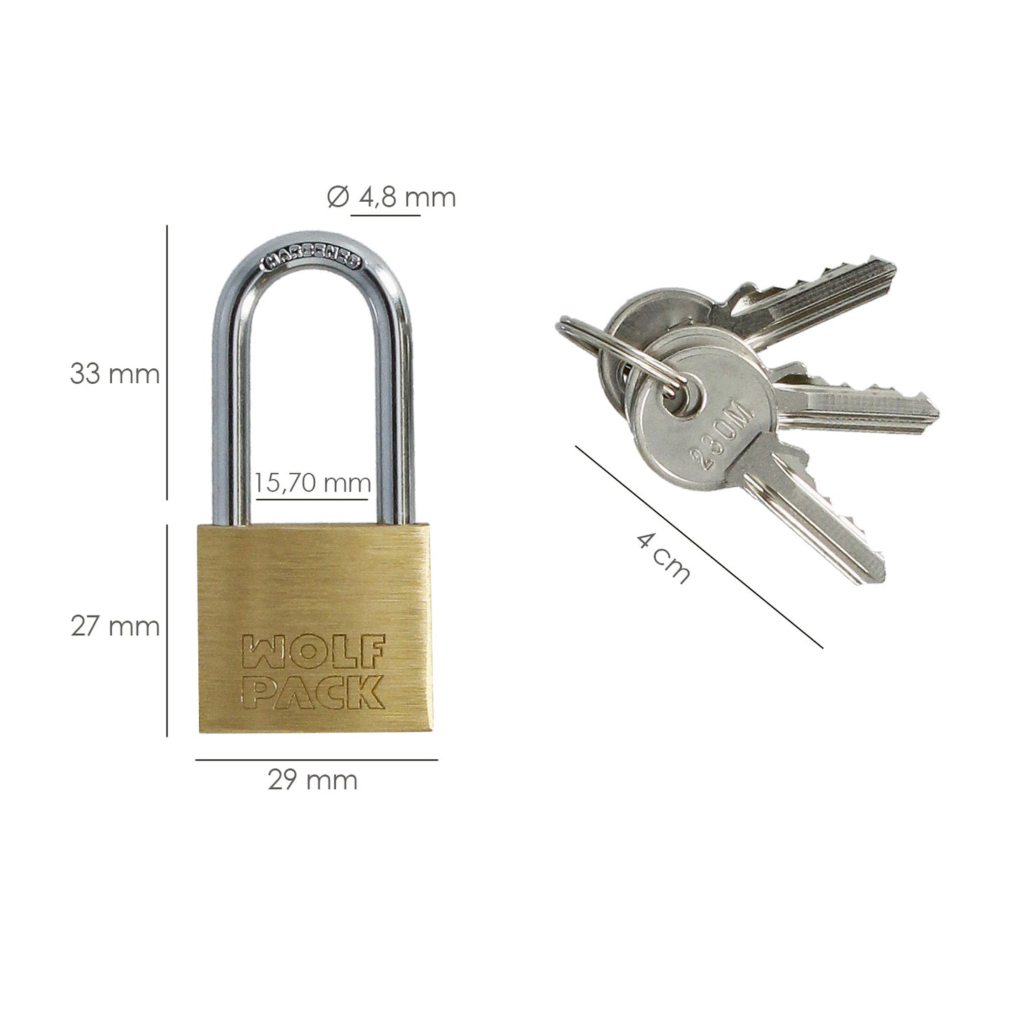 Cadeado de arco longo de latão com chave igual 30 mm. nº 2