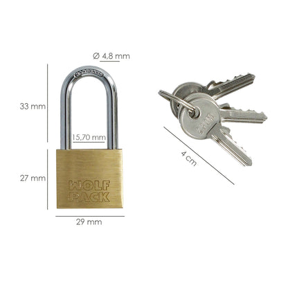 Cadeado de arco longo de latão com chave igual 30 mm. nº 2