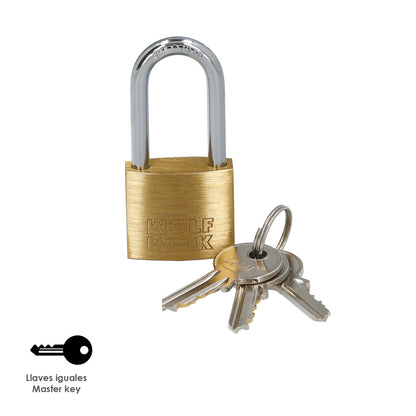Cadeado de arco longo de latão com chave igual 30 mm. nº 2