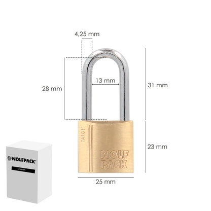 Cadeado de Latão com Arco Longo 25 mm. Arco Endurecido. Cadeado de mala, cadeado de armário, cadeado de porta