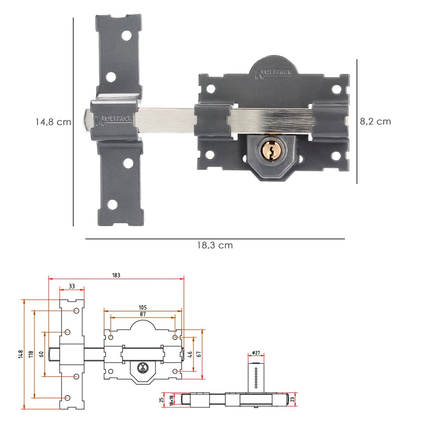 Parafuso b-4 chave 2 lados 183mm pino 70mm cilindro redondo