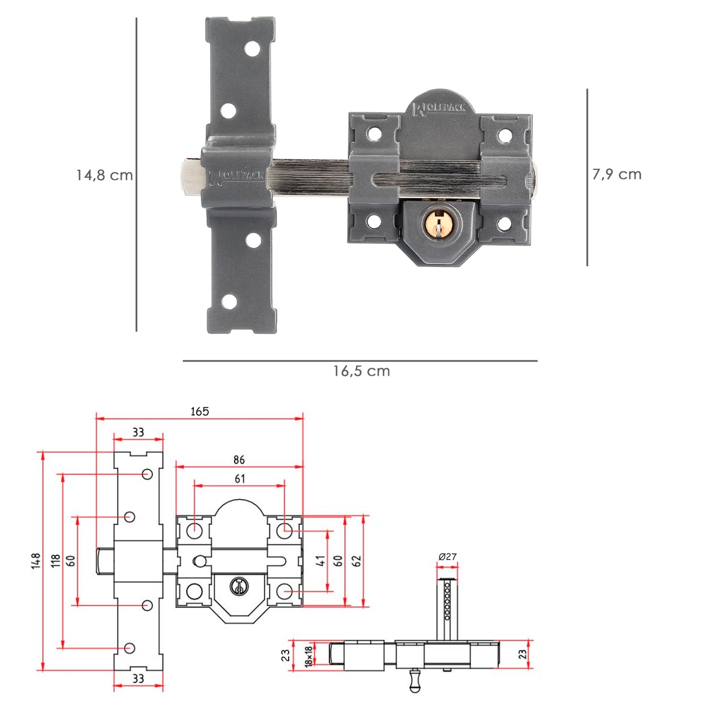 Parafuso b-6 chave 2 lados de 165mm cilindro redondo de 50mm
