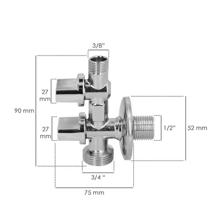 Llave De Escuadra Doble Salida 3/4" y 3/8". Entrada De 1/2". Llave De Paso Doble, Llave Angular Doble, Toma Lavadora Doble.