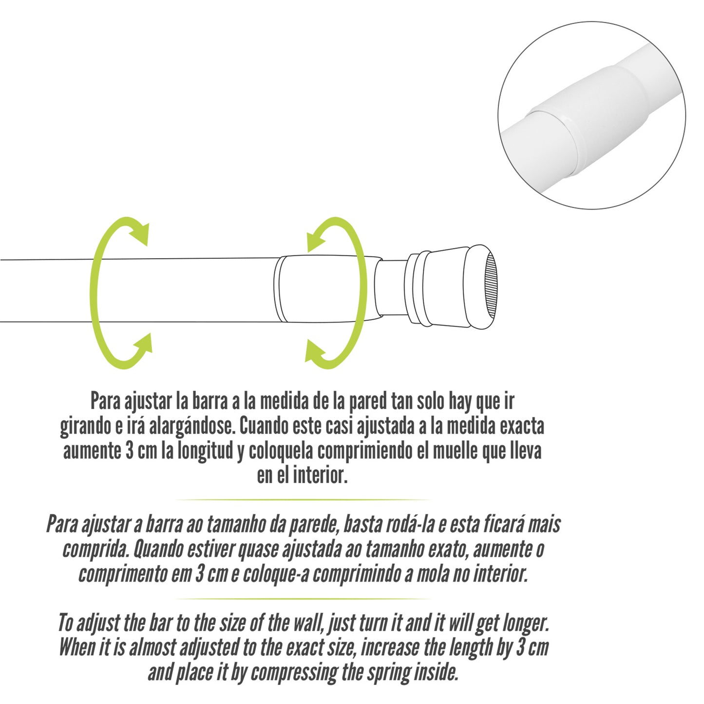 Barra Para  Cortina Ducha Extensible Aluminio Blanco 125 a 220 cm.