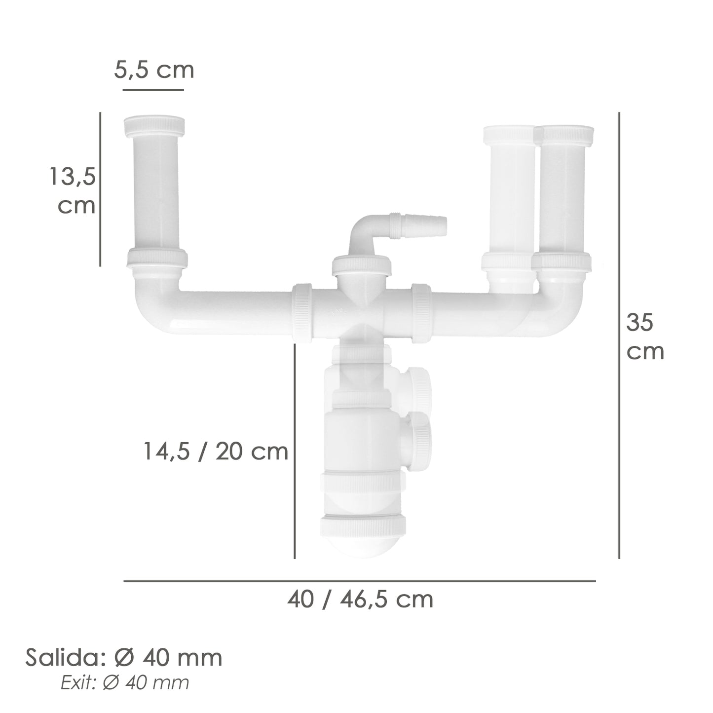 Sifon Doble Extensible Con Botella Salida 1 1/2" Salida Ø 40 mm.