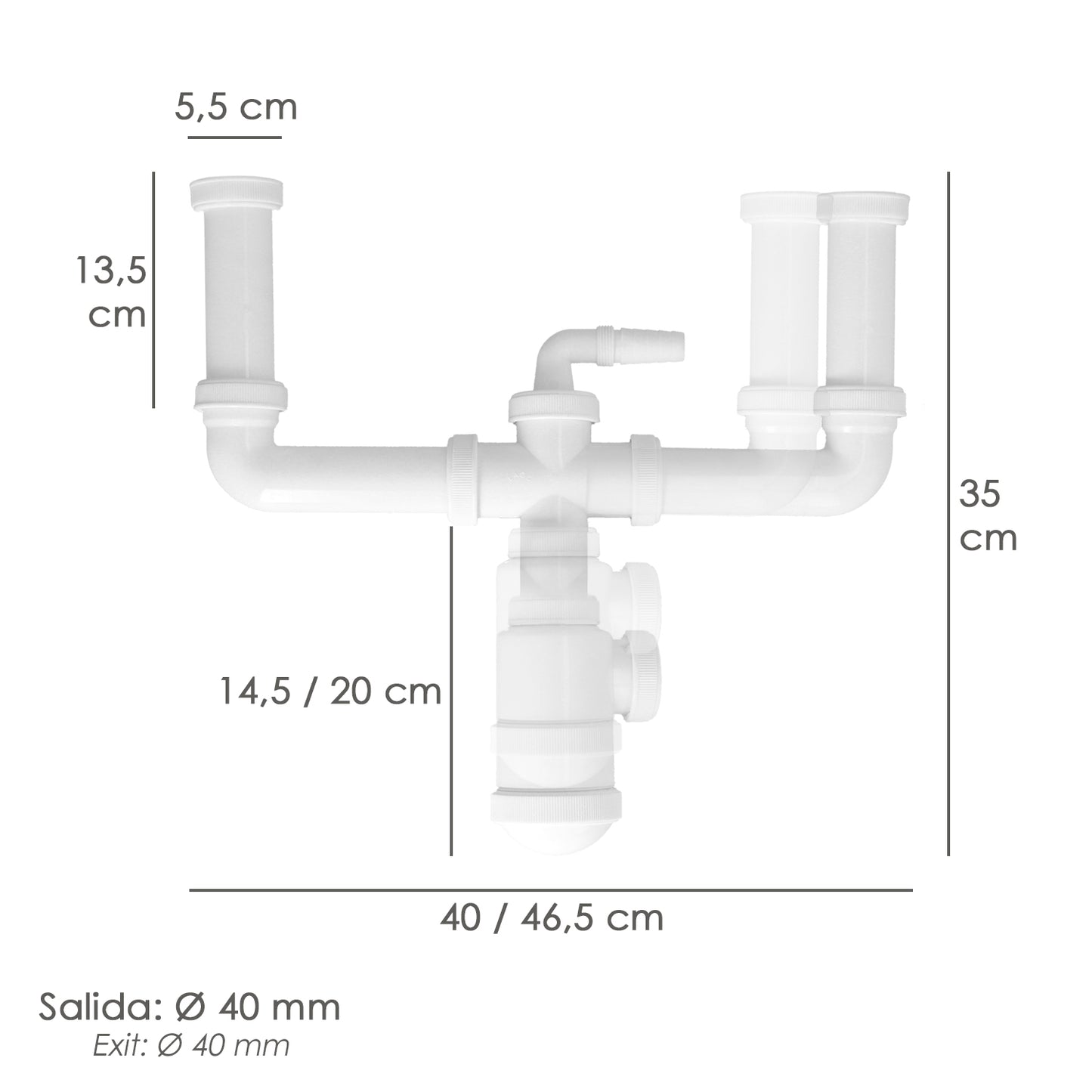 Sifon Doble Extensible Con Doble Evacuación. Salida 1 1/2" Salida Ø 40 mm.