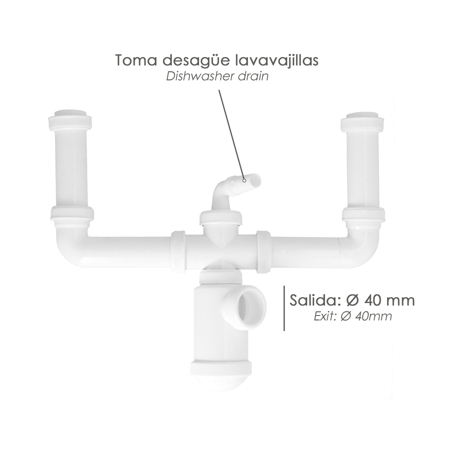 Sifon Doble Extensible Con Doble Evacuación. Salida 1 1/2" Salida Ø 40 mm.