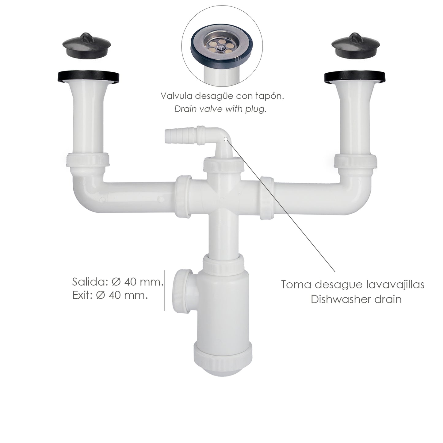 Sifon Doble Con Valvula Extensible 1-1/2" Con Sumideros De Ø 70 mm. Sifon Fregadero Cocina, Sifon Evacuación