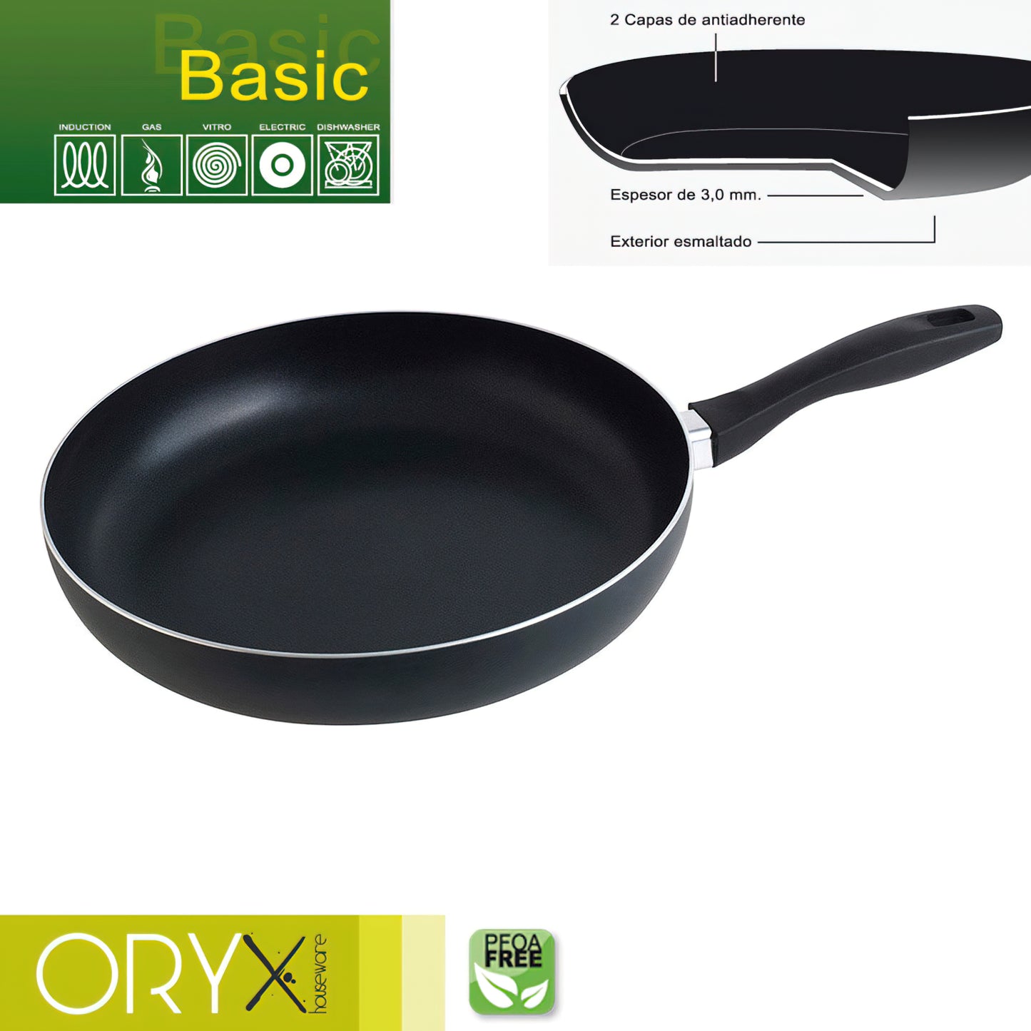 Frigideira de Alumínio Antiaderente Oryx Basic, Alta Resistência, Adequada para Indução, Livre de PFOA, Diâmetro 30 cm, Espessura 3 mm.