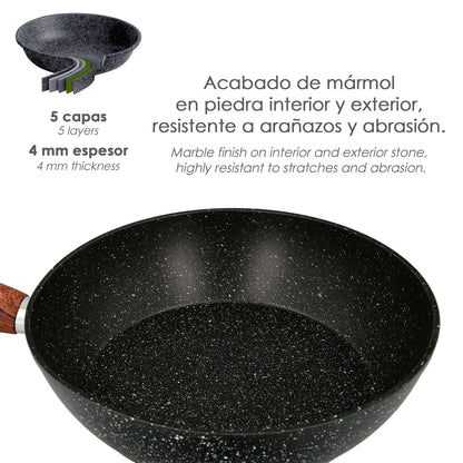 Sarten Aluminio Forjado Antiadherente Ø 24 x 7 cm. Mango Engomado / 5 capas / Acabado Piedra / Apta Para Todo Tipo de Cocinas