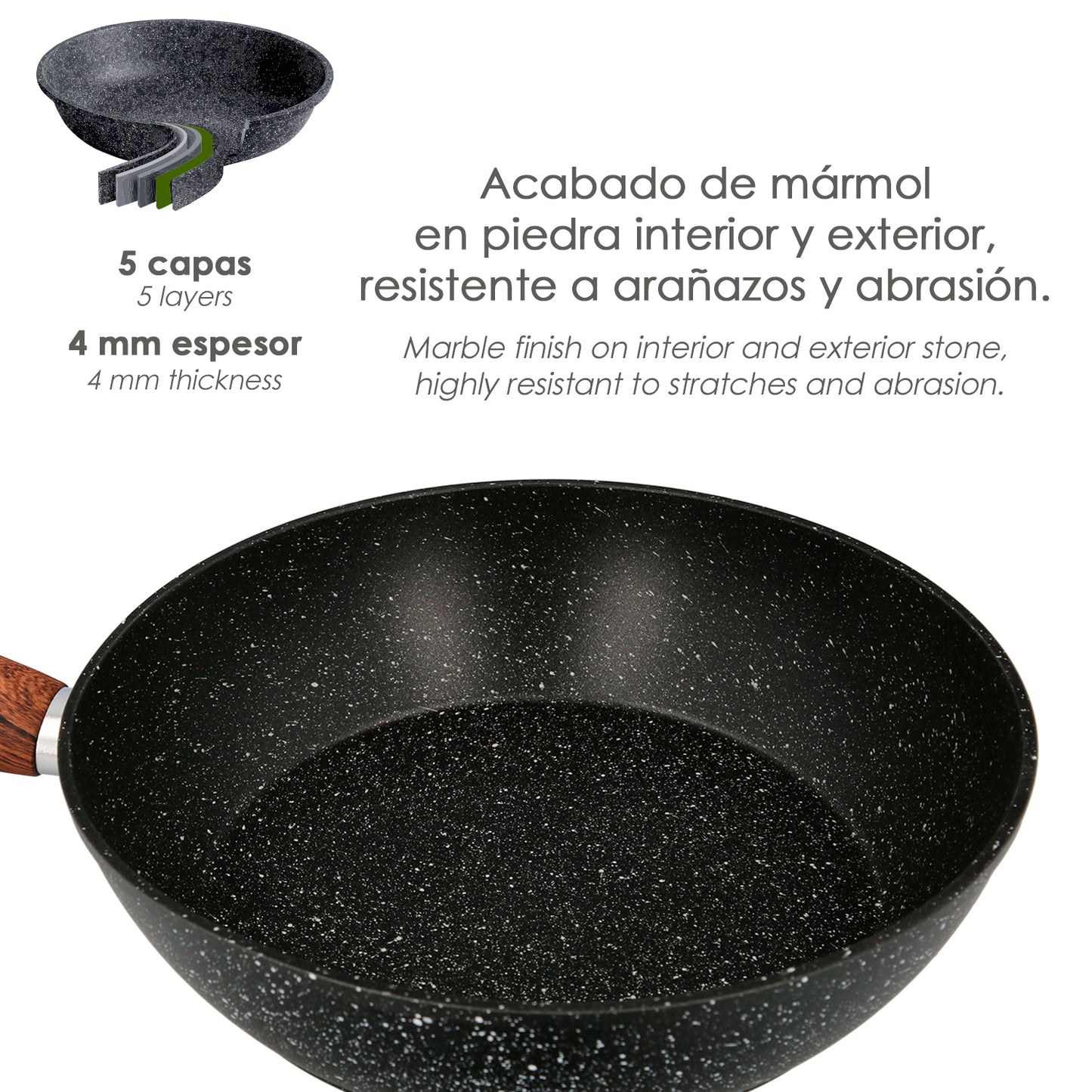 Frigideira Forjada Alumínio Antiaderente Honda Ø 28x7,5 cm. Puxador emborrachado / 5 camadas / Acabamento pedra / Para todos os tipos de cozinha