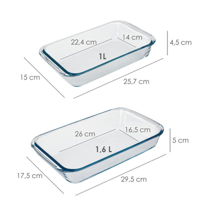 Set 2 Fuentes Horno Cristal Borosilicato Rectangulares 1 y 1.6 L. Ideal Meclas, Ensaladas, Postres, Cocina, Resposteria.No BPA