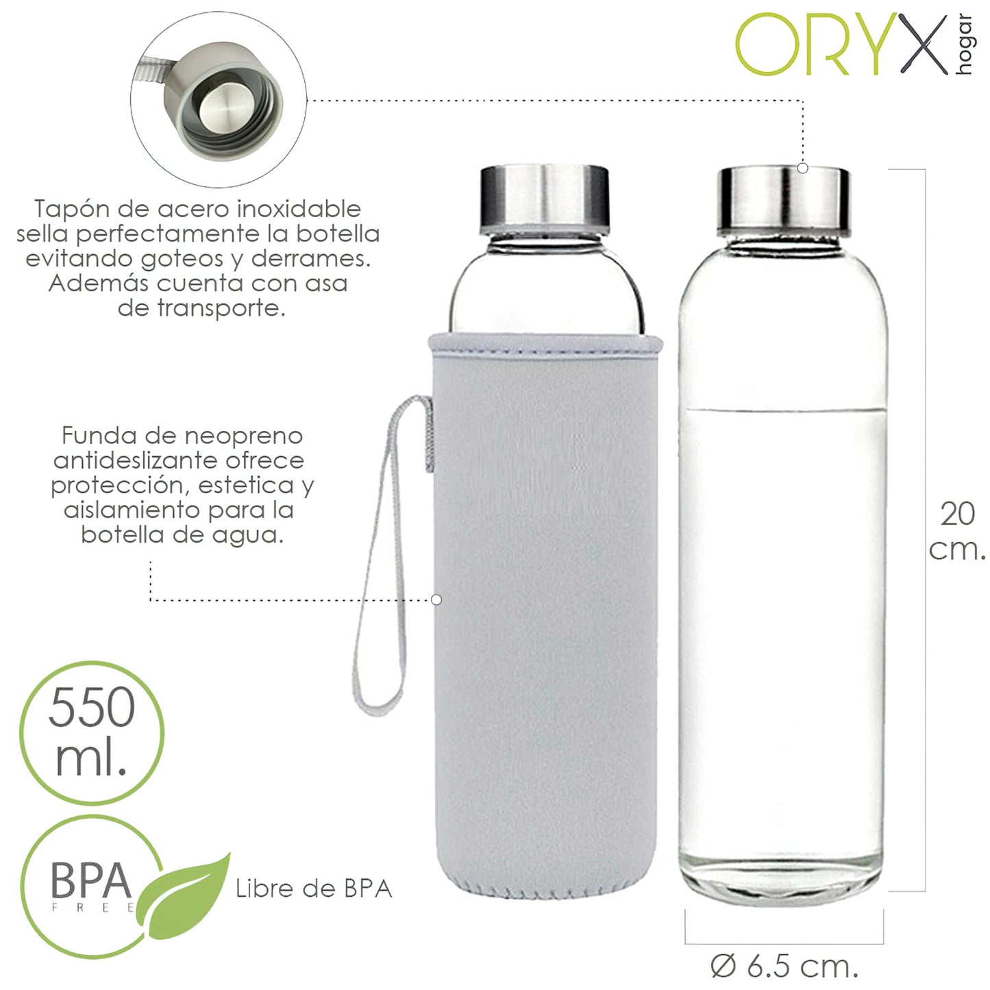 Garrafa de água de vidro 550 ml. Capa de neoprene com alça. livre de BPA