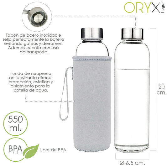 Garrafa de água de vidro 550 ml. Capa de neoprene com alça. livre de BPA