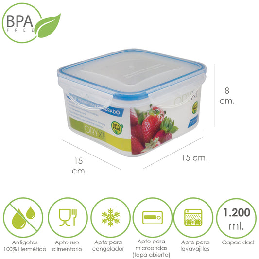Recipiente Hermetico Plastico Cuadrado 1200 ml.  15x15x8 (Alt.) cm.