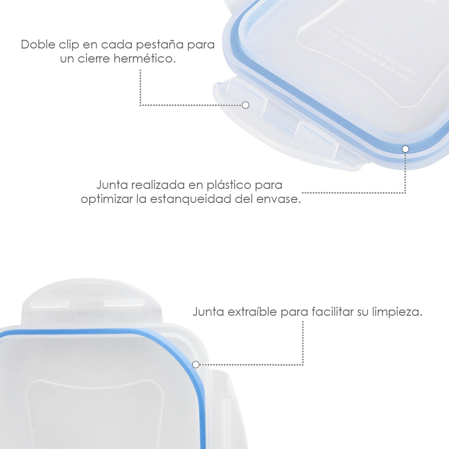 Recipiente Hermetico Plastico Cuadrado 1200 ml.  15x15x8 (Alt.) cm.