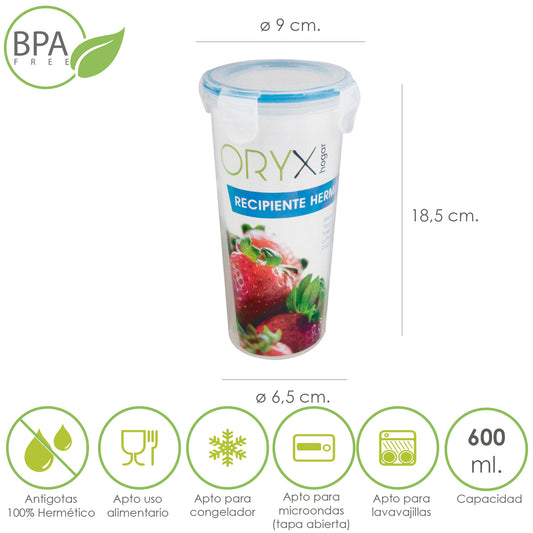 Copo Medidor Hermético Recipiente Plástico Redondo 600 ml. Ø 9x18,5 (A) cm.