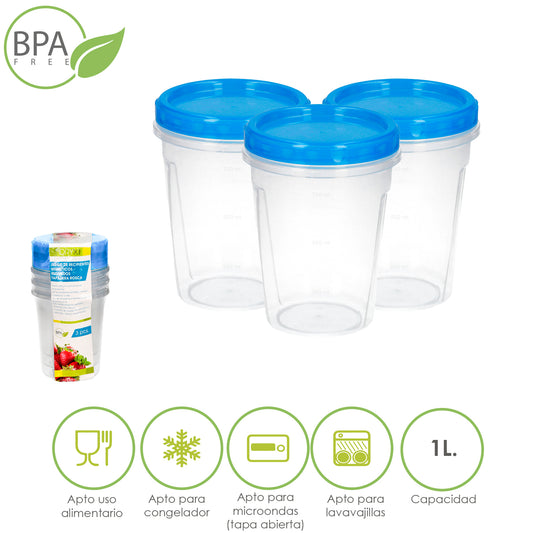 Juego Recipientes Plastico Redondos 1 Litro (Pack 3 piezas)