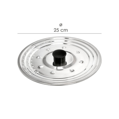 Tampa multiusos em aço inox Ø 25 cm. Use a tampa anti respingos e o escorredor. Cobertura Adpatable Medidas Diferentes