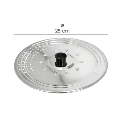 Tampa multiusos em aço inox Ø 28 cm. Use a tampa anti respingos e o escorredor. Cobertura Adpatable Medidas Diferentes