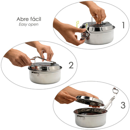 Fiambrera Metalica De Acero Inoxidable Con 2 Platos Ø 18 cm. Lunch Box, Fiambrera Metalica, Porta Alimentos Metalico,