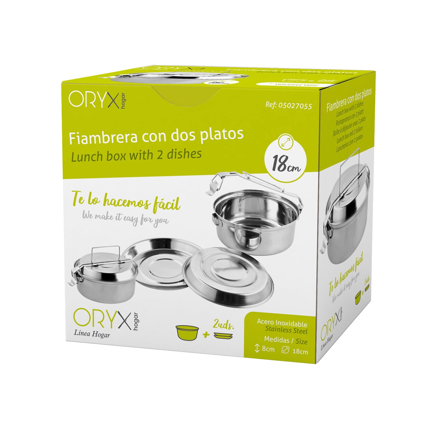 Fiambrera Metalica De Acero Inoxidable Con 2 Platos Ø 18 cm. Lunch Box, Fiambrera Metalica, Porta Alimentos Metalico,